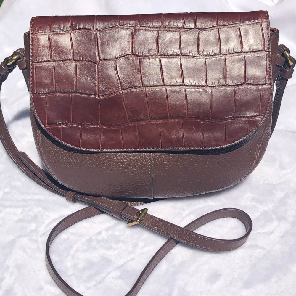 Fossil Brown Leather Crocodile Embossed Saddle Bag